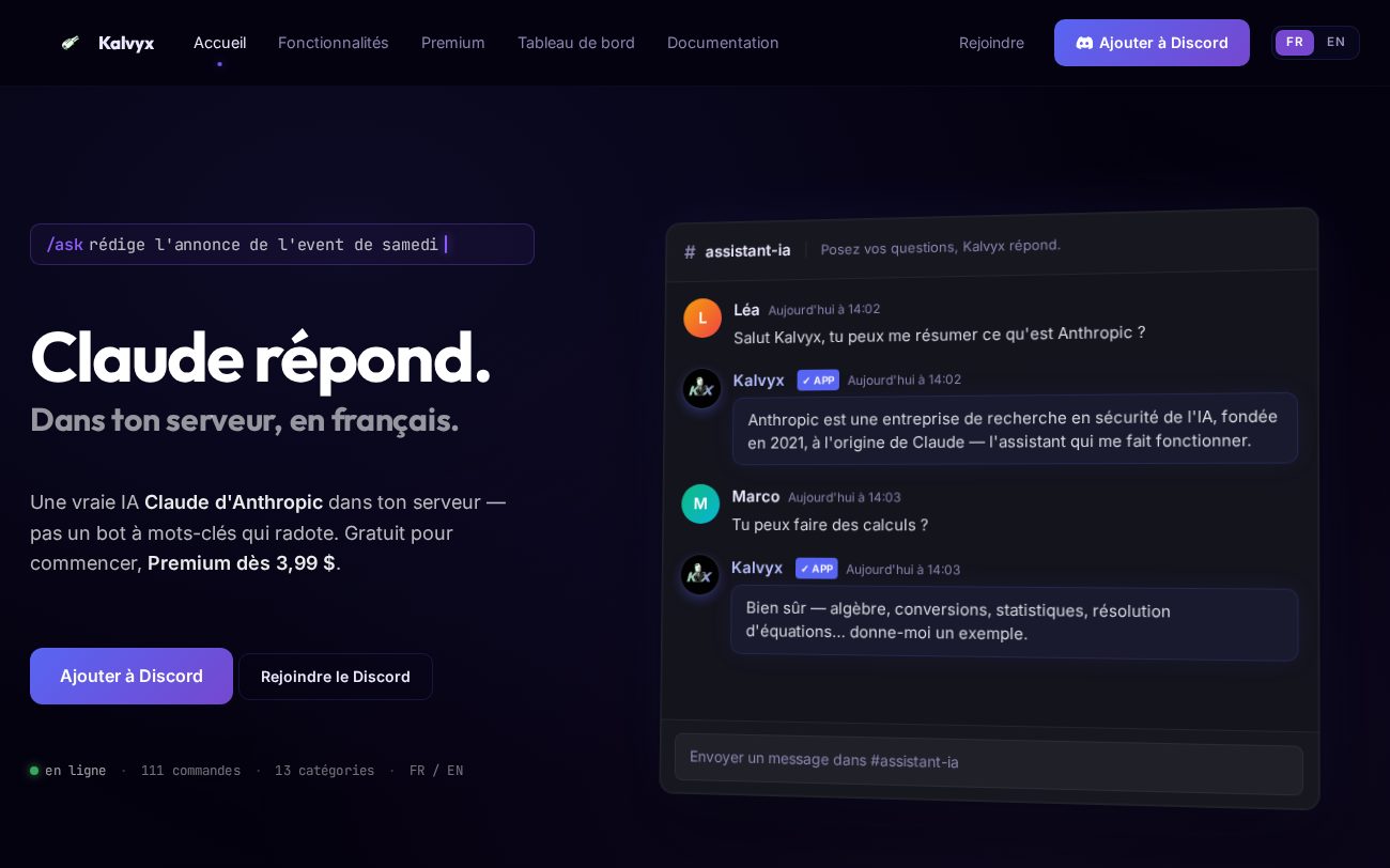 Aperçu de Kalvyx — bot Discord propulsé par l'IA Claude
