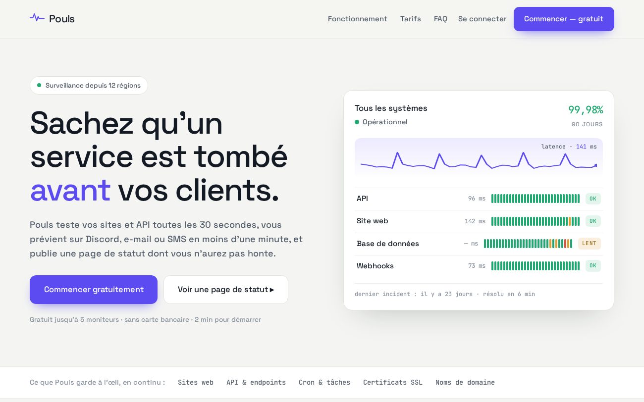 Aperçu du site Pouls — page produit, tableau de statut vivant